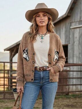Old Navy Brown Equestrian Horse Fuzzy Oversized Animal Cardigan Sweater
